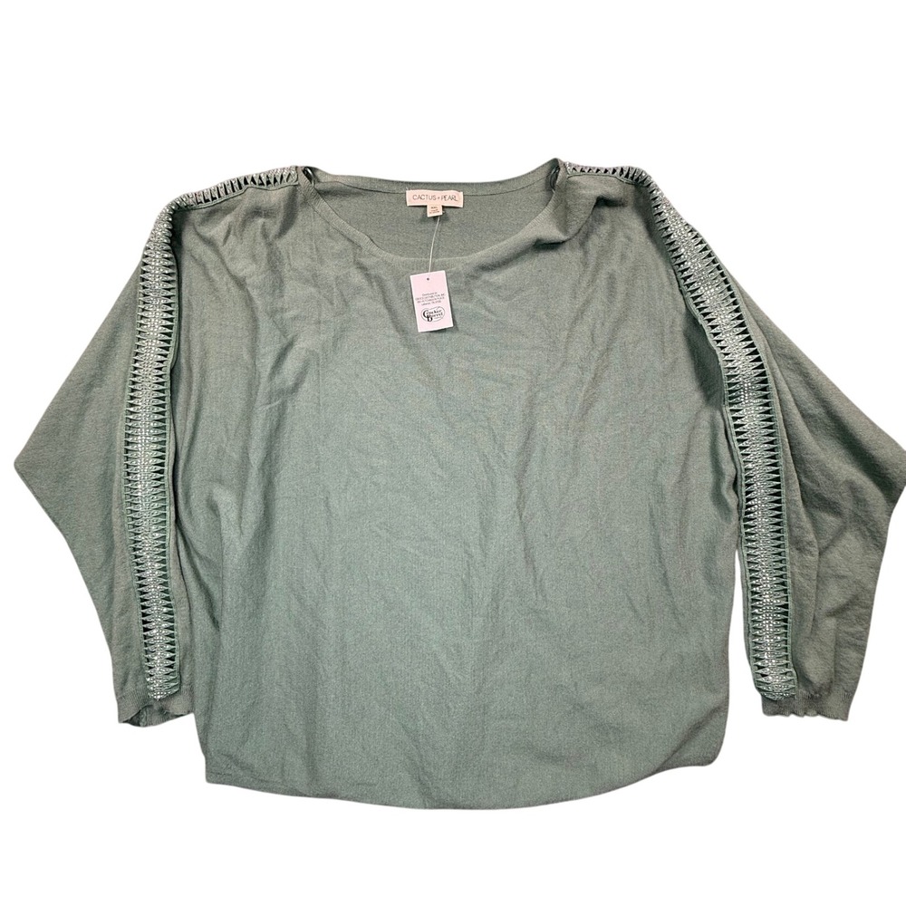 Cactus + Pearl Womens XXL Sage Green Lattice Rhinestone Sleeve Knit Top NWT